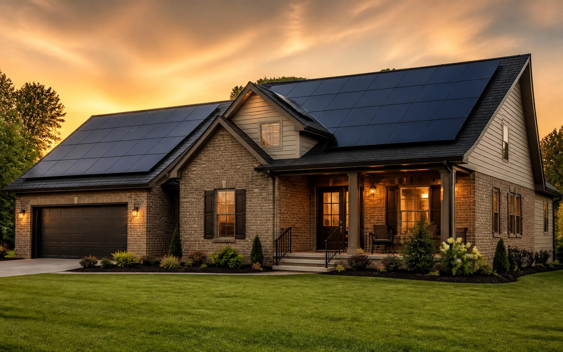 Home with a full black solar panel array on the roof at sunset